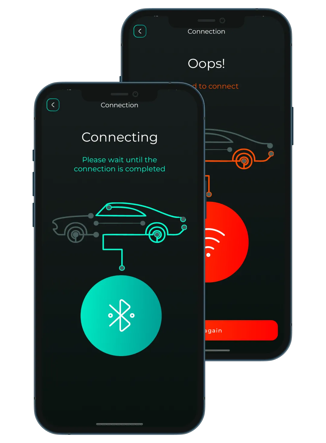 Brrrum connection screens showing successful Bluetooth pairing and an unsuccessful attempt.
